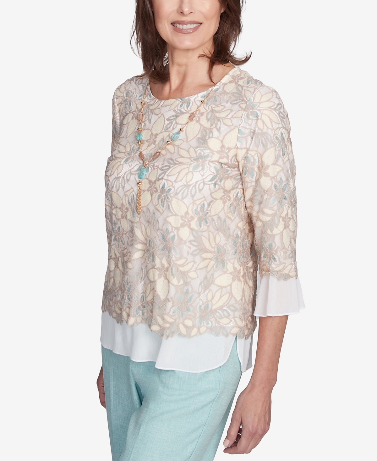 Alfred Dunner Petite Kensington Gardens Floral Lace Woven Trim Top With Necklace In Neutral Multi