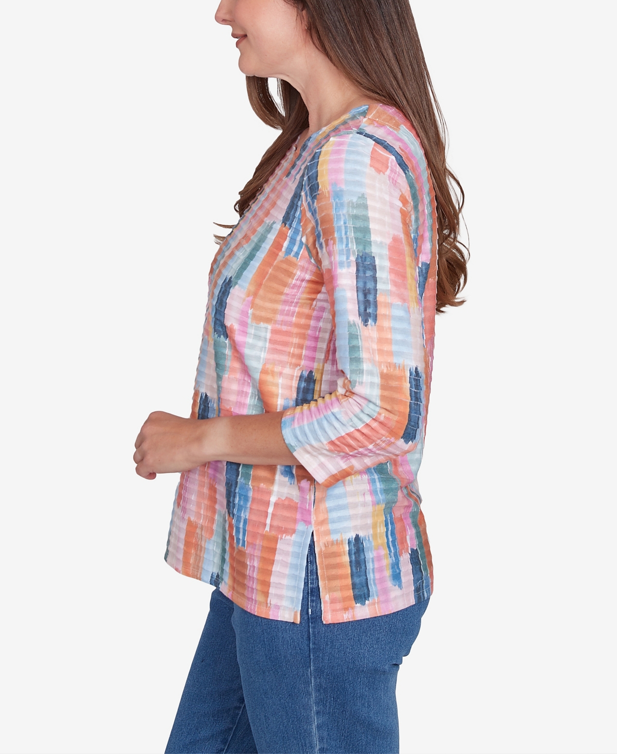 Alfred Dunner Plus Size Free Spirit Mini Ruffle Brushstroke Crew Neck Top In Coral