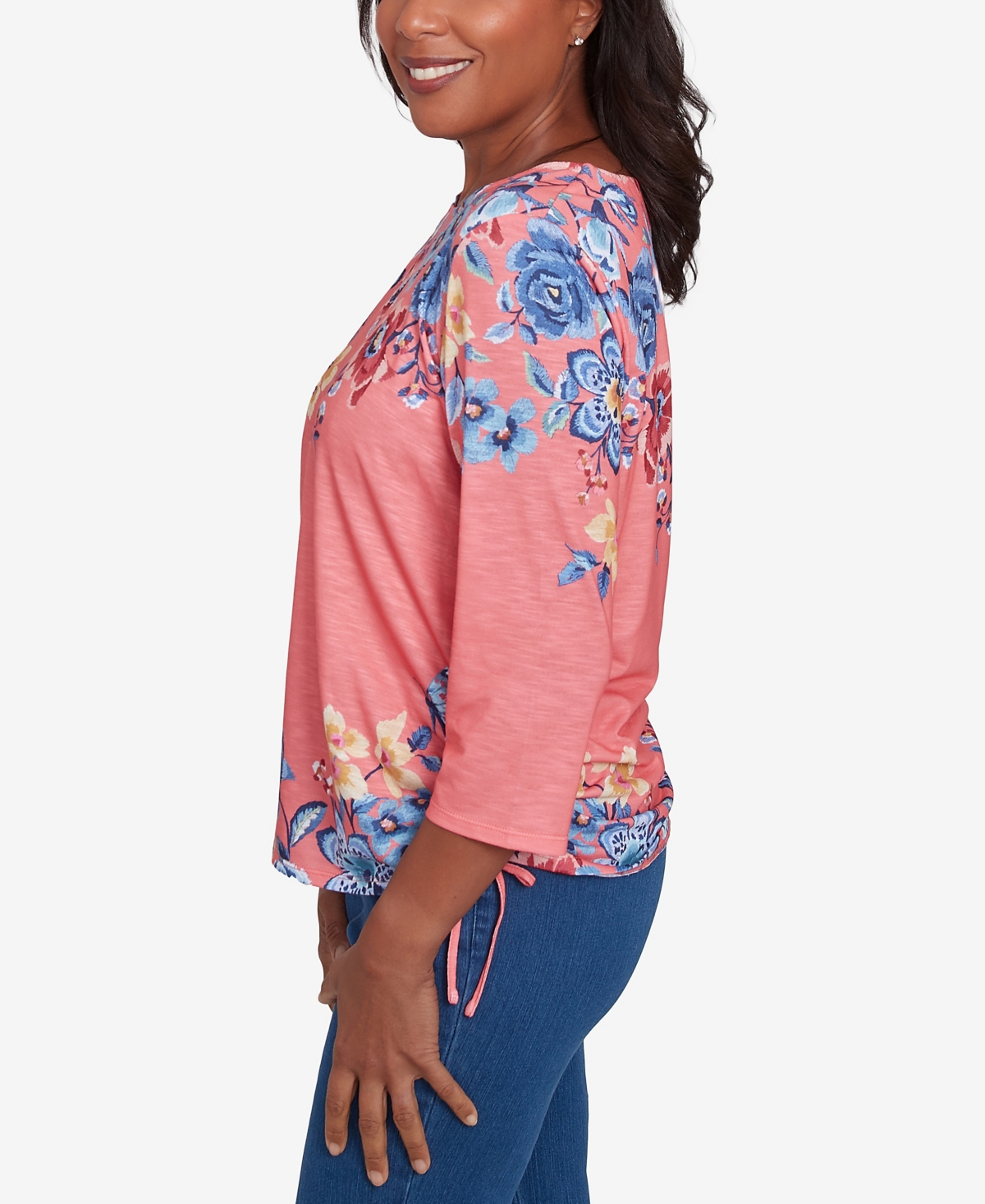 Alfred Dunner Petite Free Spirit Floral Crew Neck Knit Top In Coral