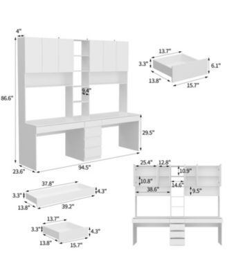 94.5 in. W Large 2 in. 1 Wood Double Computer Desk White Writing Desk  86.6 in. Tall Bookshelf, Drawers  Home Office