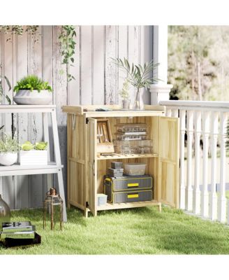 Wood Storage Shed, Potting Shed w/Metal Tabletop, Natural Wood