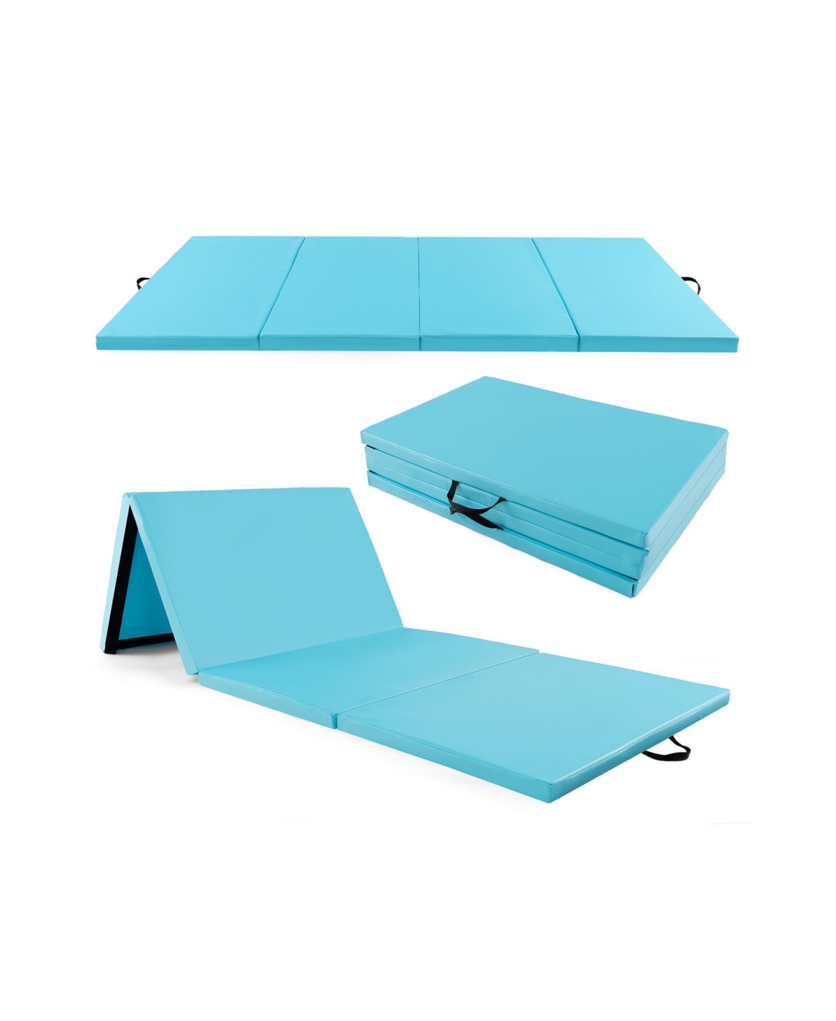 4-Panel Pu Leather Folding Exercise Mat with Carrying Handles - Blue