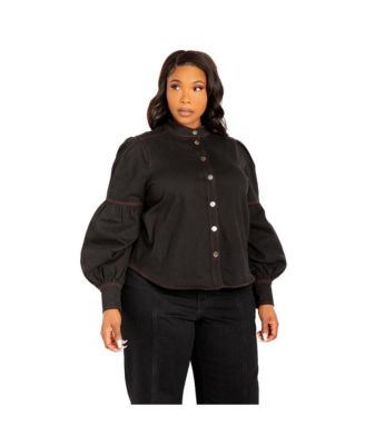 Women's Plus Size Bow Neck Puff Sleeve Denim Blouse