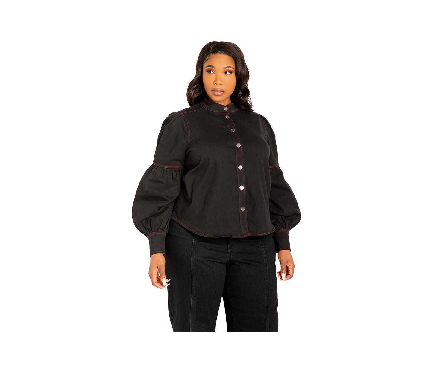 Женская блузка Buxom Couture Plus Size Bow Neck Puff Sleeve Denim Blouse, цвет: Джинсовый чёрный — фото 3