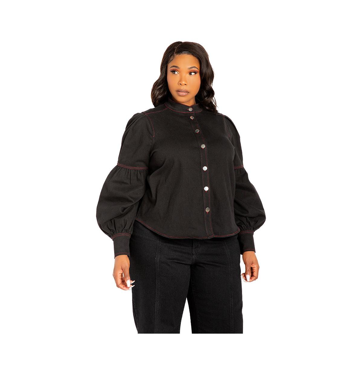 Shop Buxom Couture Women's Plus Size Bow Neck Puff Sleeve Denim Blouse In Denim Black