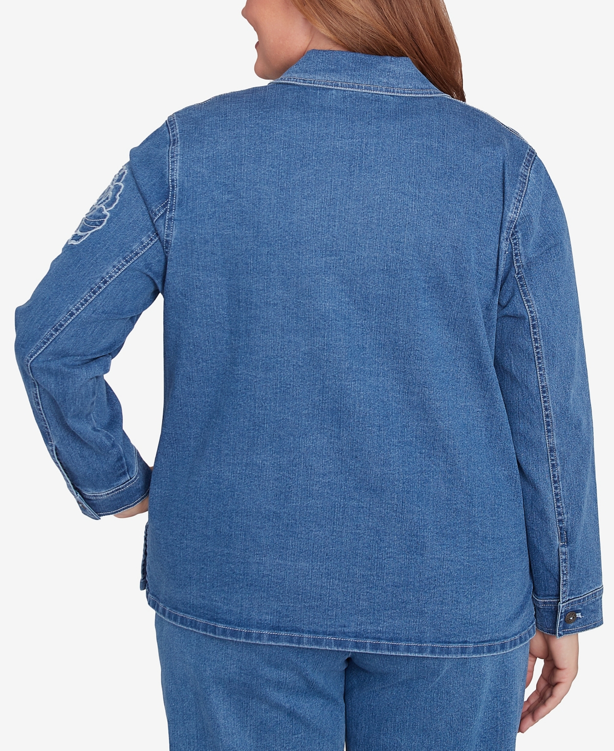 Alfred Dunner Plus Size Free Spirit Super Stretch Floral Denim Jacket In Medium Denim