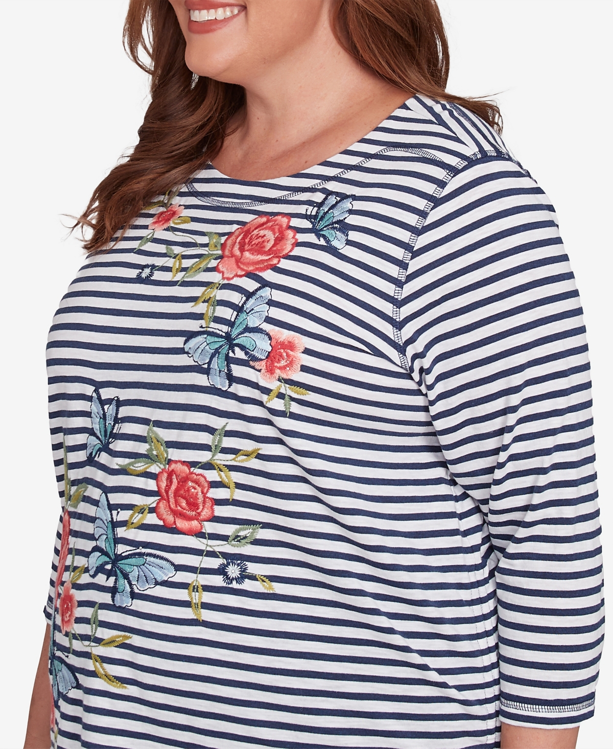 Alfred Dunner Plus Size Free Spirit Striped Butterfly Embroidered Top In Navy Multi
