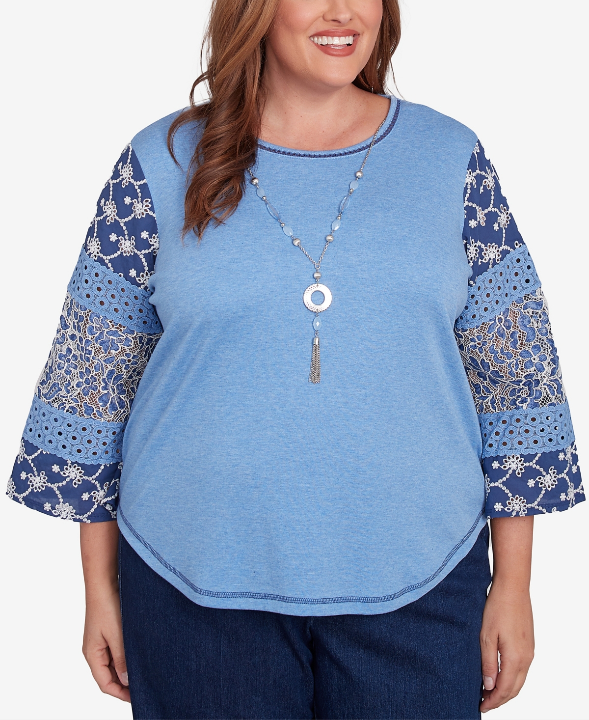 Plus Size Free Spirit Patchwork Sleeve Knit Top with Necklace - Blue
