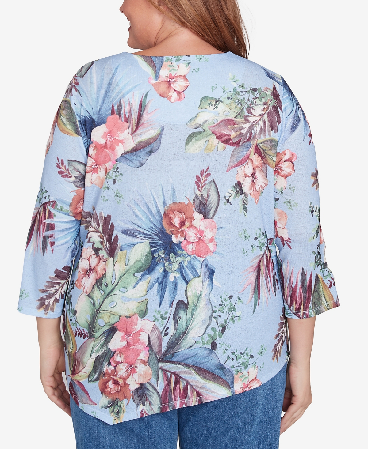 Alfred Dunner Plus Size Free Spirit Tropical Print Knit Top With Necklace In Light Blue