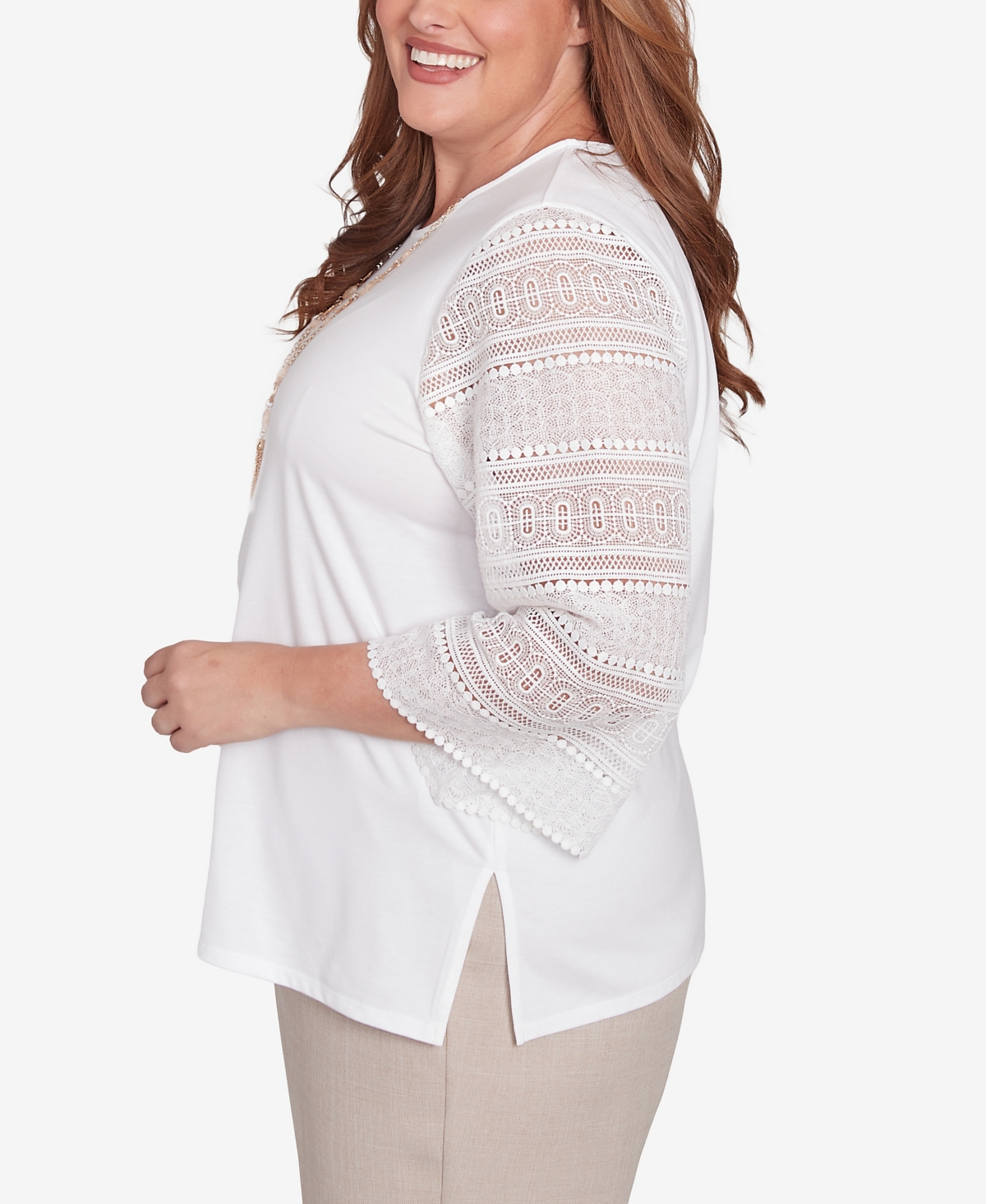 Alfred Dunner Plus Size Kensington Gardens Solid Lace Sleeve Knit Top With Necklace In Ivory