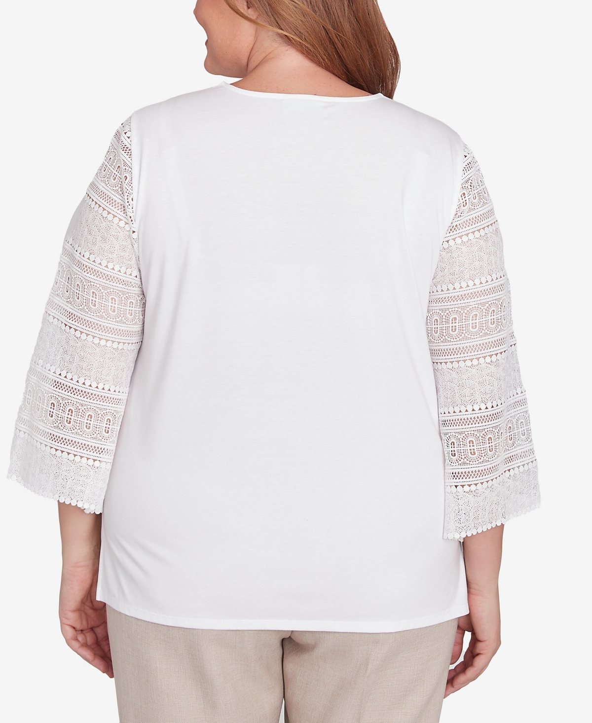 Alfred Dunner Plus Size Kensington Gardens Solid Lace Sleeve Knit Top With Necklace In Ivory