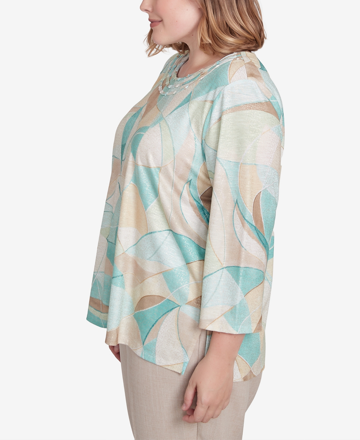 Alfred Dunner Plus Size Kensington Gardens Stained Glass Crew Neck Top In Neutral Multi