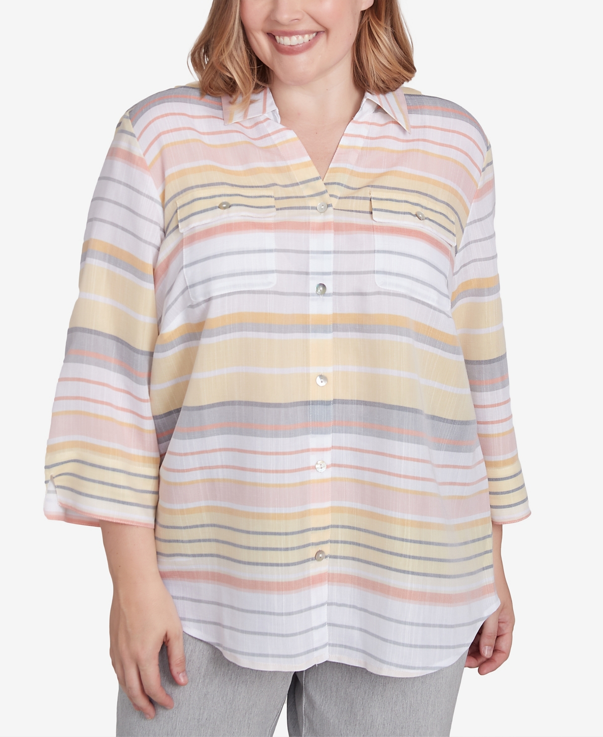 Alfred Dunner Plus Size Dress Code Button Down Striped Cuffed Sleeve Top In Multi Yellow