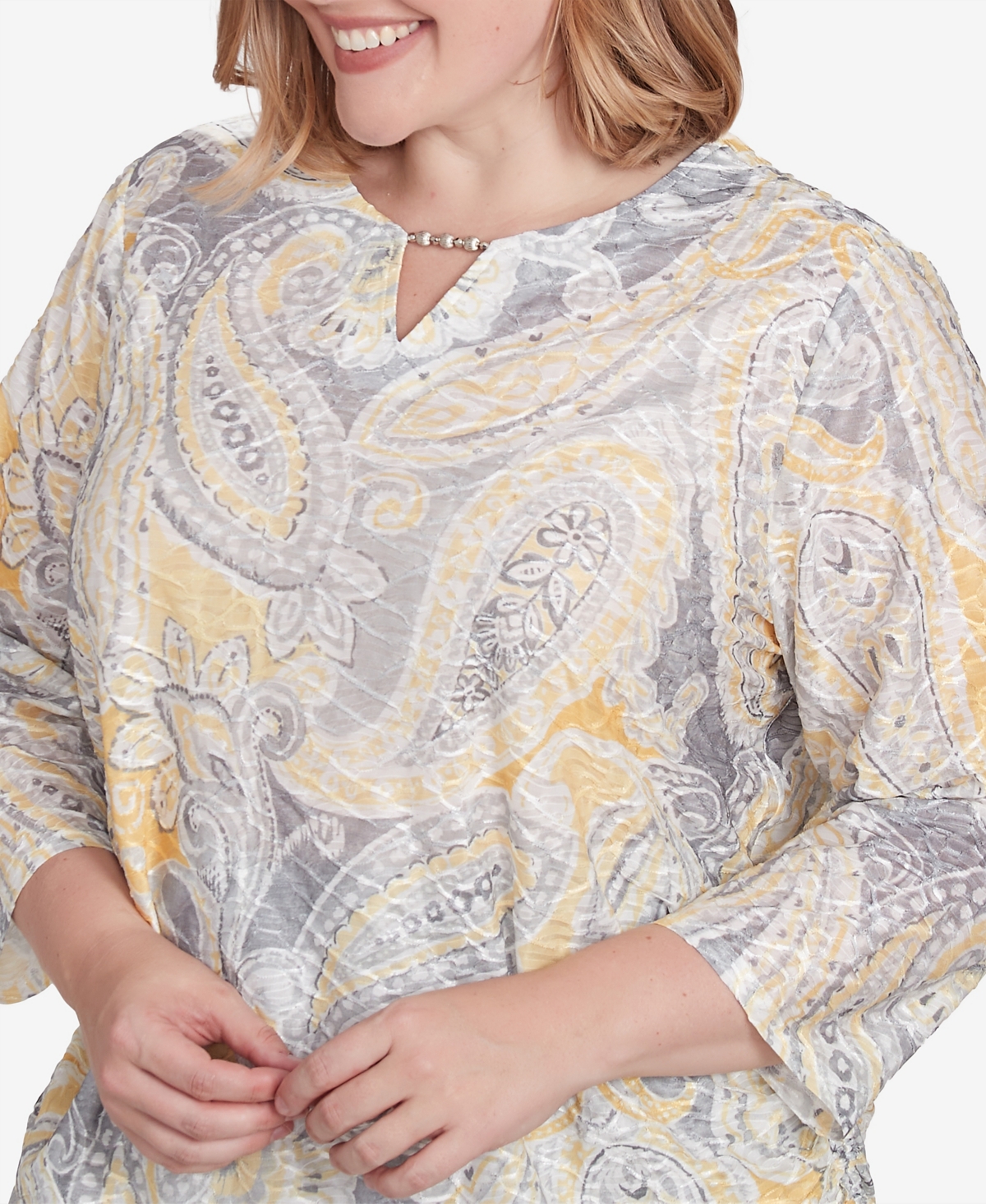Alfred Dunner Plus Size Dress Code Textured Paisley Beaded Neck Top In Grey Multi