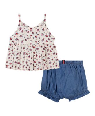 Baby Girl 2-Piece Floral Babydoll Top and Denim Bloomers Set