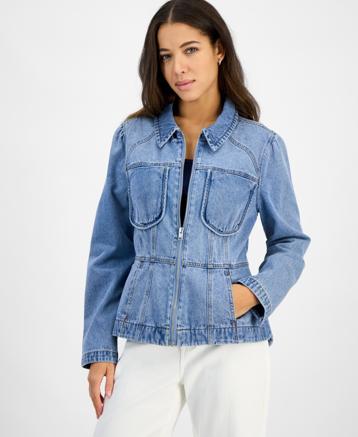 Democracy Women's Cotton Denim Peplum-hem Jacket In Lb Light B
