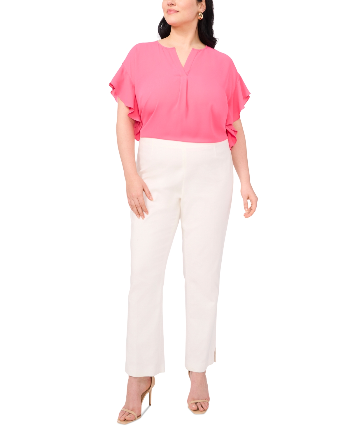 Vince Camuto Plus Size Flutter-sleeve Split-neck Top In Pink Bliss