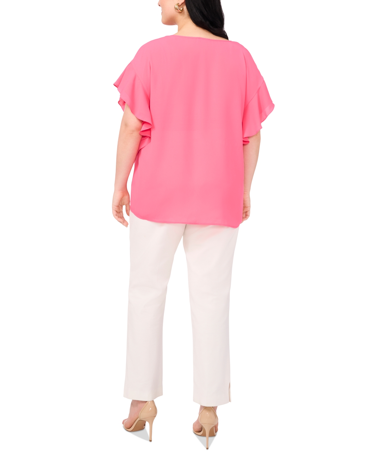 Vince Camuto Plus Size Flutter-sleeve Split-neck Top In Pink Bliss