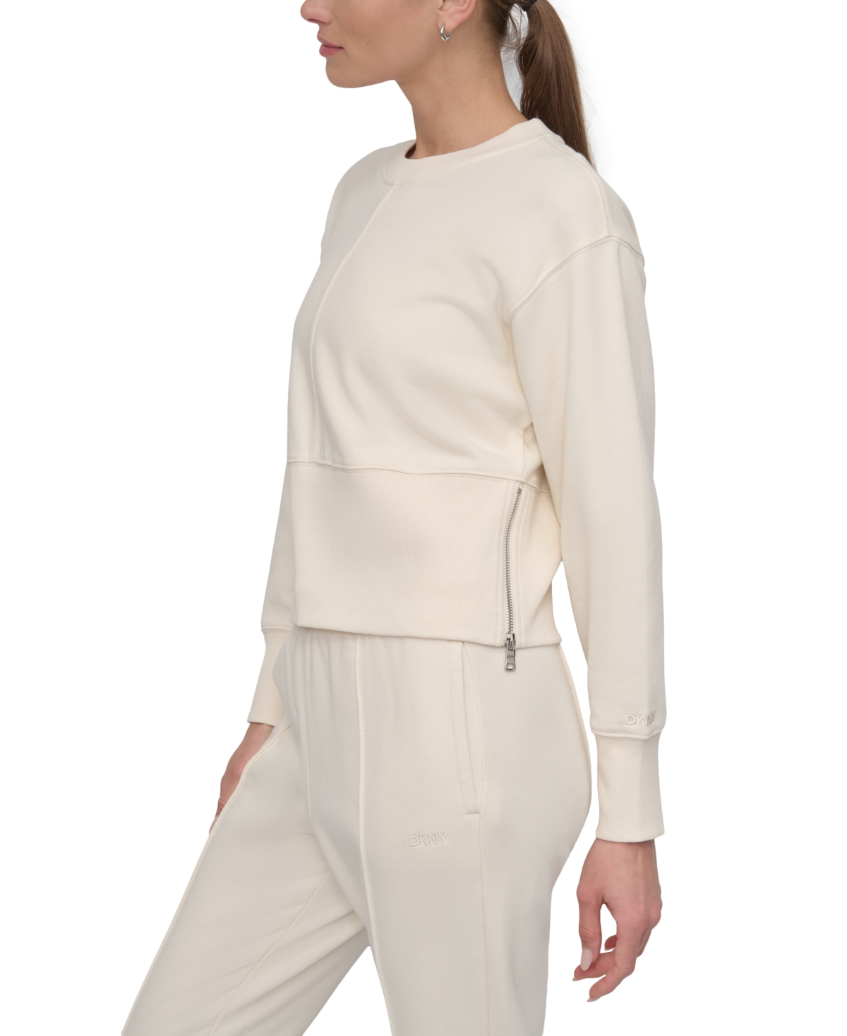 Dkny Sport Women's Cropped Crewneck Side-zip Sweatshirt In Eggnog