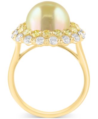 EFFY&reg; Cultured South Sea Pearl (10mm), Yellow Diamond (1-1/3 ct. t.w.) & White Diamond (5/8 ct. t.w.) Halo Ring in 14k Gold