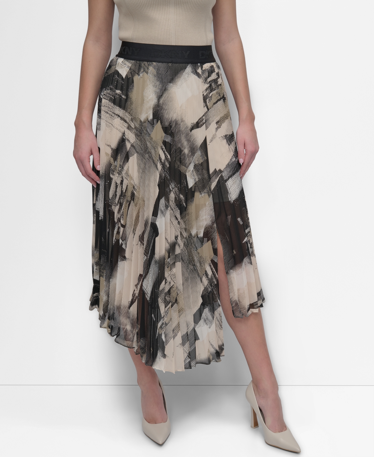 Dkny Print Pleated Asymmetric Midi Skirt In Skyln Colge Blk