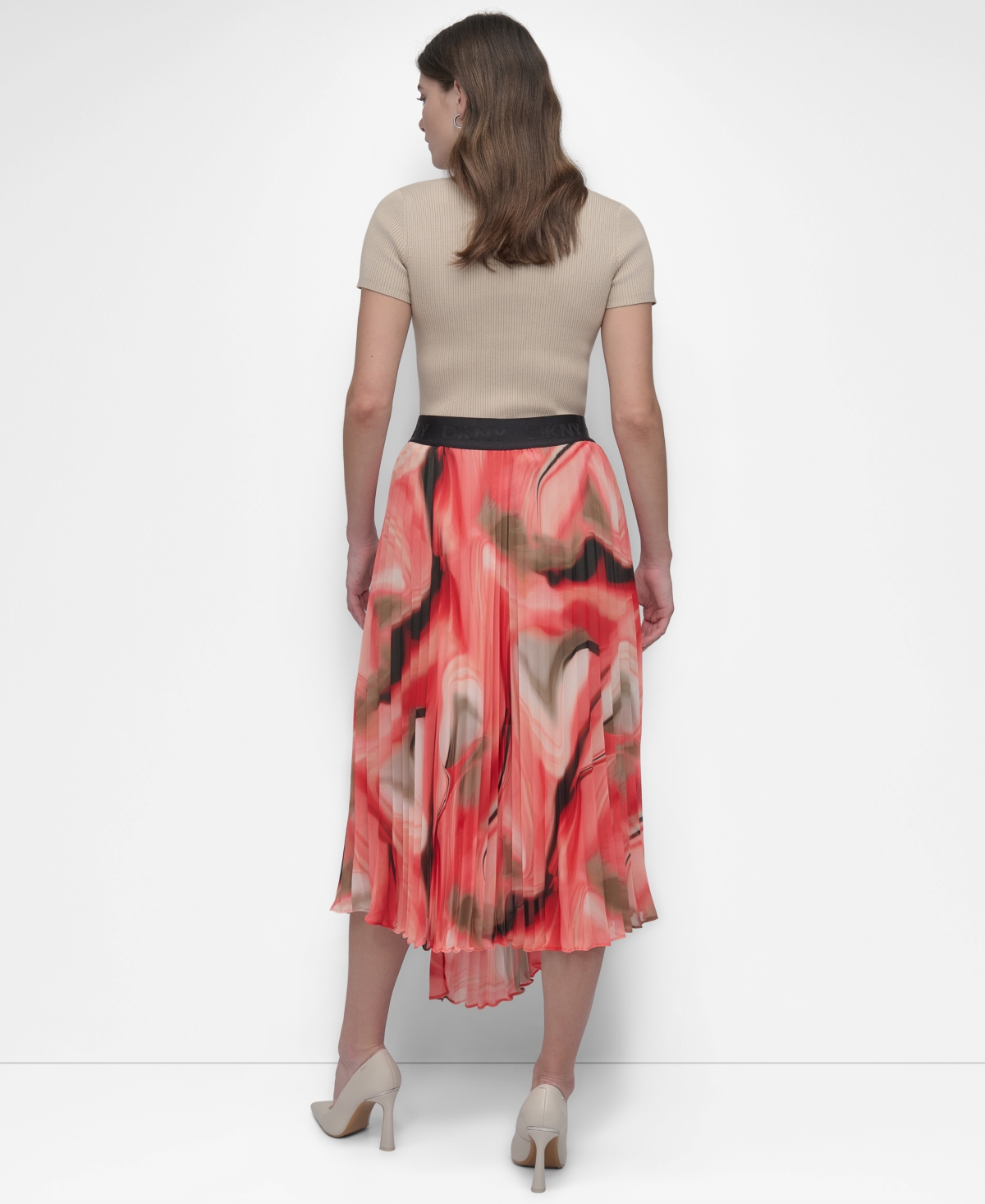 Dkny Print Pleated Asymmetric Midi Skirt In Brushd Marblews