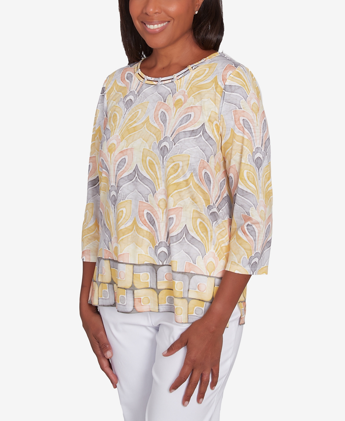 Alfred Dunner Petite Dress Code Geometric Medallion Crewneck Top In Multi Yellow