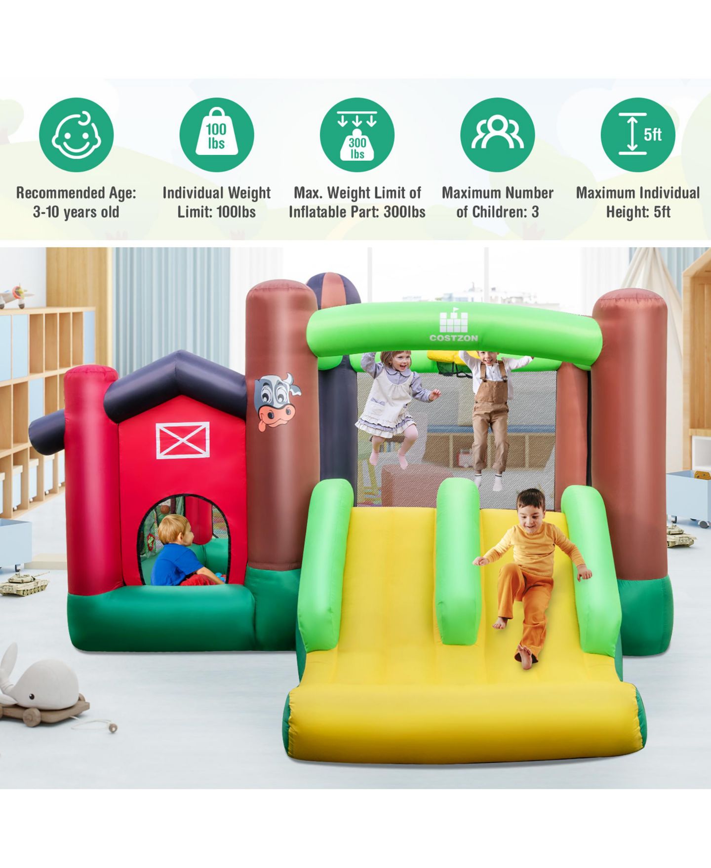 Детские игрушки Costway Farm Themed Inflatable Bounce House with Double Slides and Ball Pit, 140"L x 130"W x 87"H, от 3 лет, цвет: Зелёный — фото 9