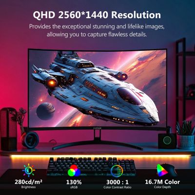 32" 2560 x 1440 QHD 180Hz 1ms 2K Curved Gaming Monitor, HDMI x 2, DP x 2, FreeSync, Support Wall Mount