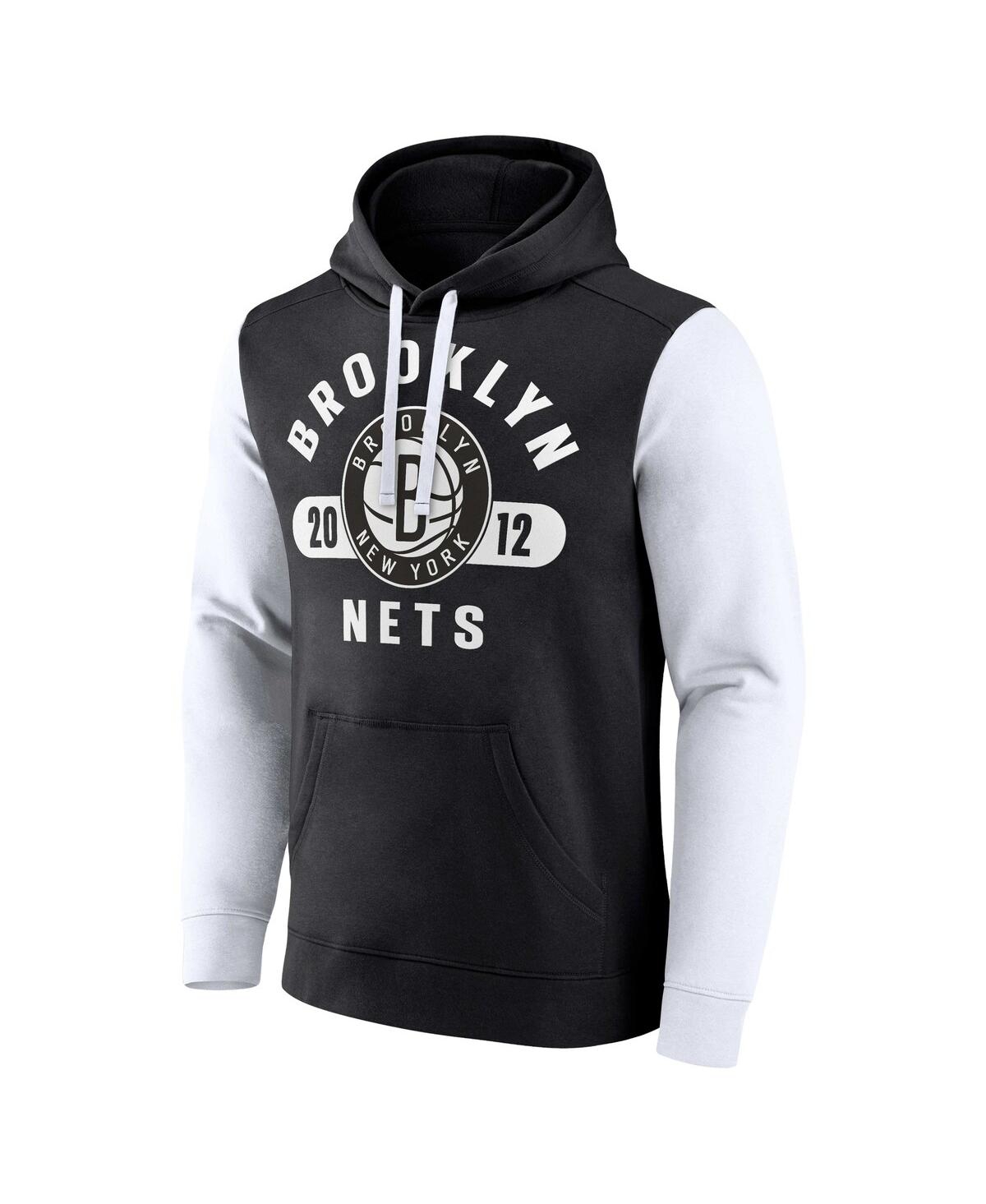 Fanatics Men's Black/white Brooklyn Nets Attack Colorblock Pullover Hoodie In Black,white