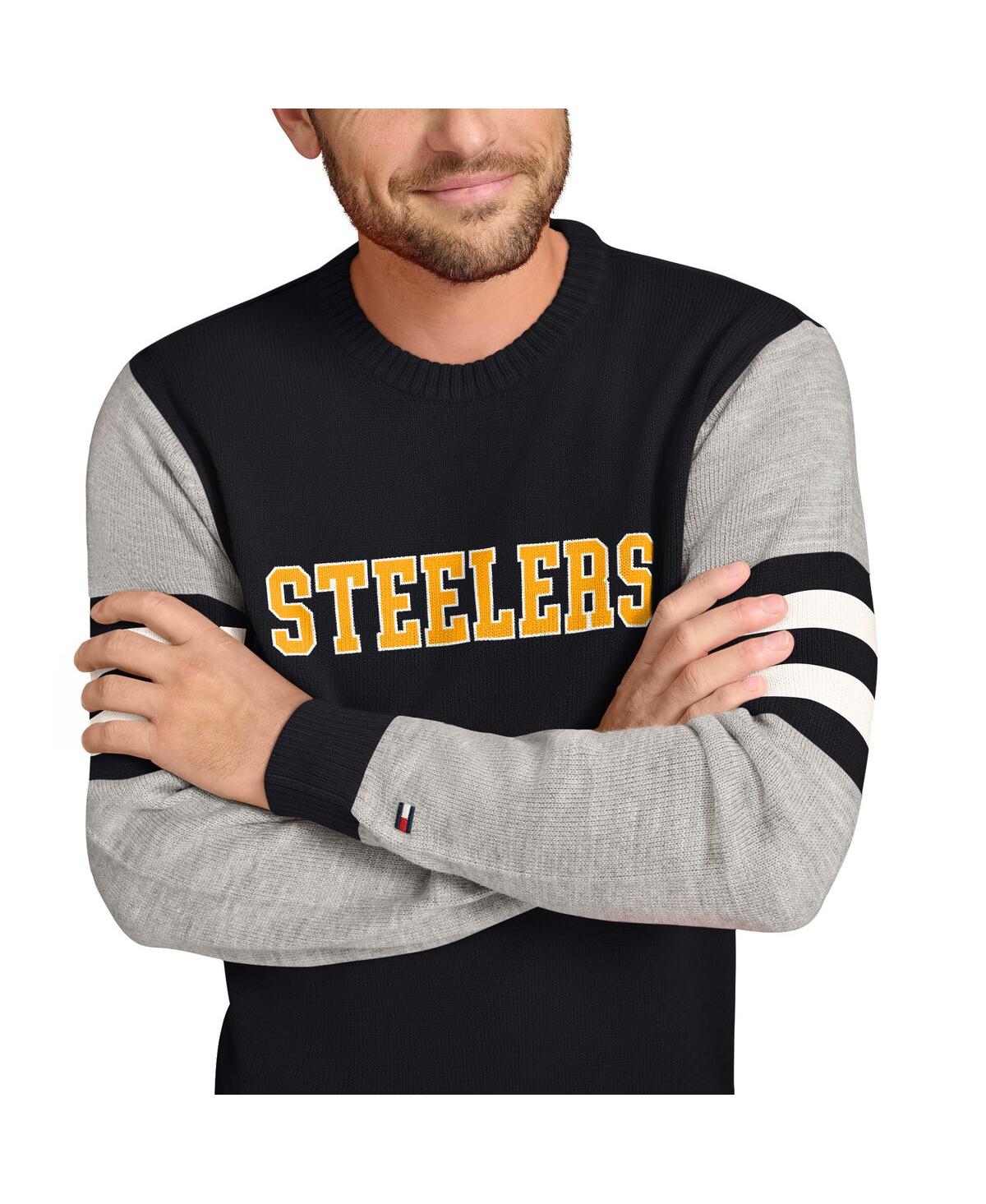 Shop Tommy Hilfiger Men's Black/heather Gray Pittsburgh Steelers Acrylic Crewneck Pullover Sweatshirt In Black,heather Gray