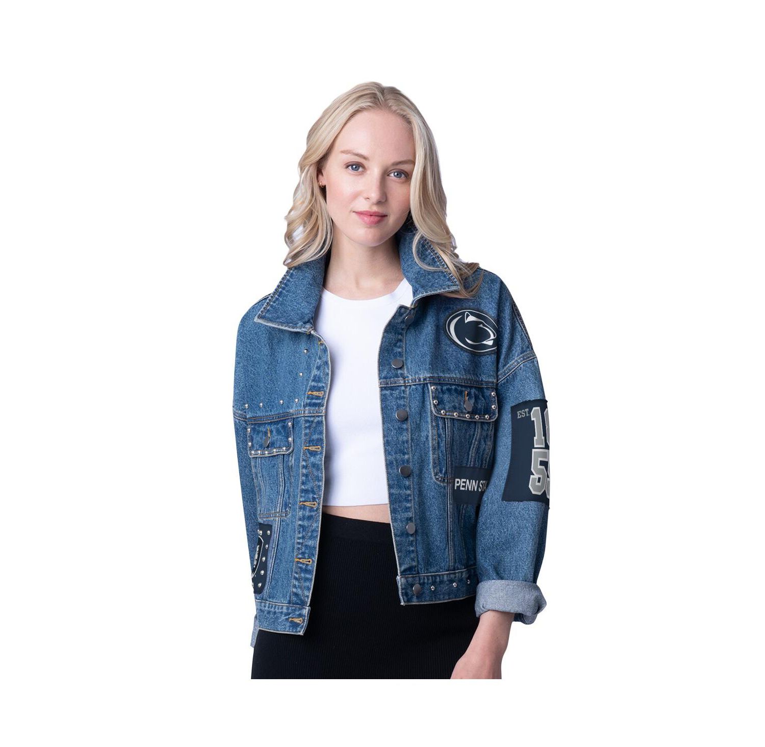 Women's Denim Penn State Nittany Lions Game Ball Patches and Studs Full-Button Jacket
