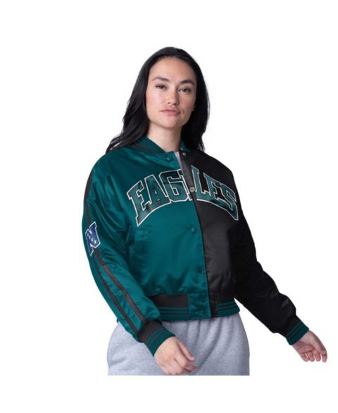 Женские куртки Starter Women's Midnight Green/Black Philadelphia Eagles Zone Blitz Cropped Full-Snap Satin Jacket