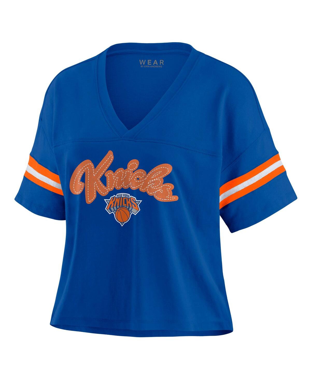 Wear By Erin Andrews Women's Blue New York Knicks Plus Size Color Block Boxy V-neck T-shirt In Blue