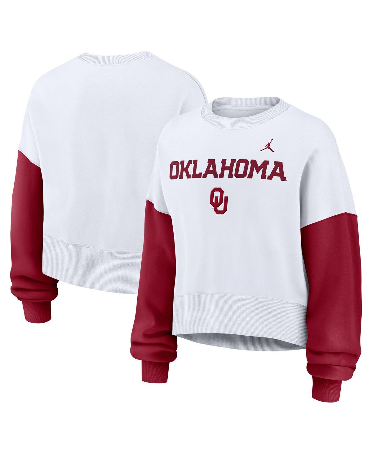 JORDAN WOMEN'S WHITE OKLAHOMA SOONERS COLOR-BLOCK OVERSIZED CROPPED PULLOVER SWEATSHIRT 