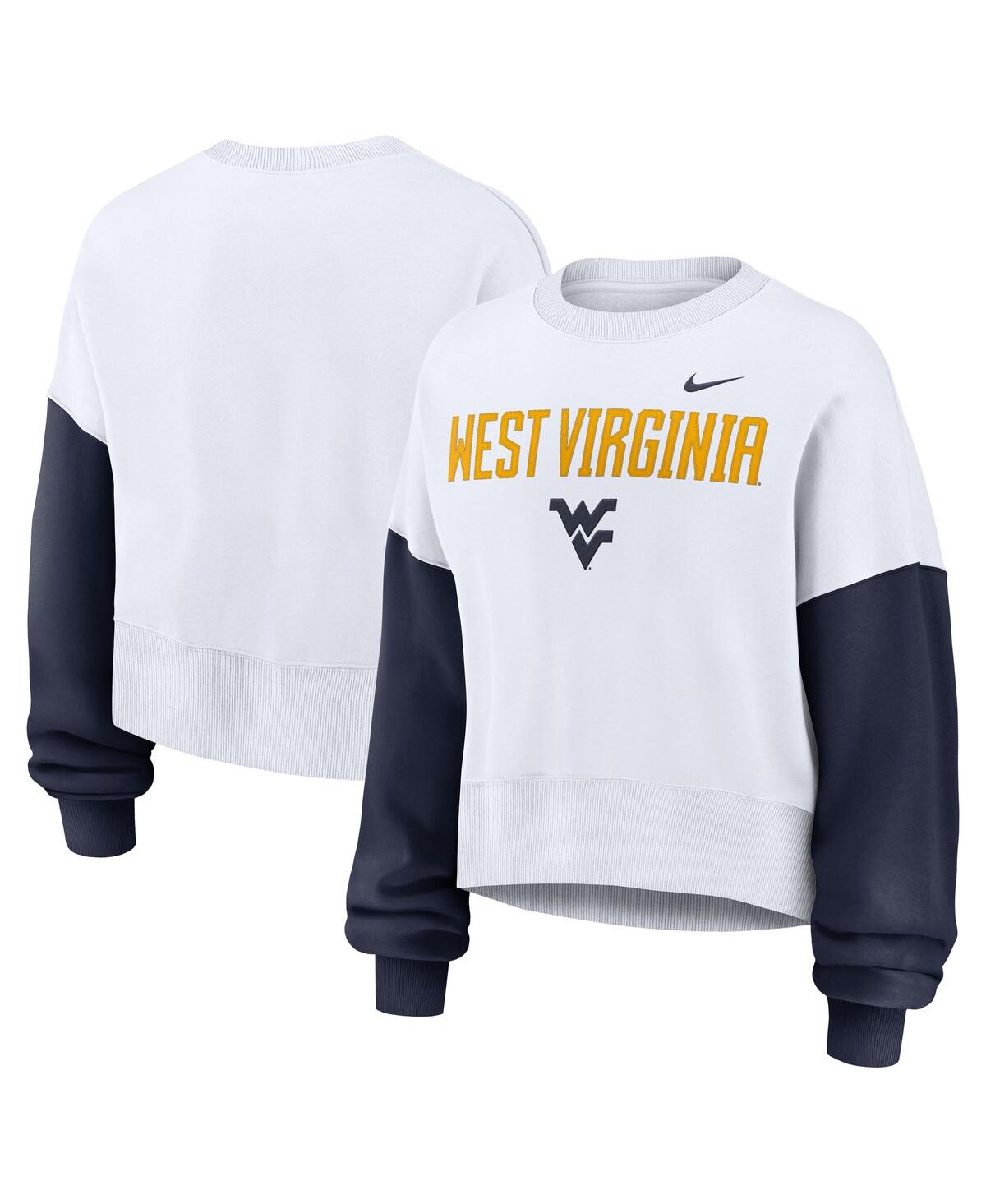 Nike Women's White West Virginia Mountaineers Color-block Oversized Cropped Pullover Sweatshirt In White