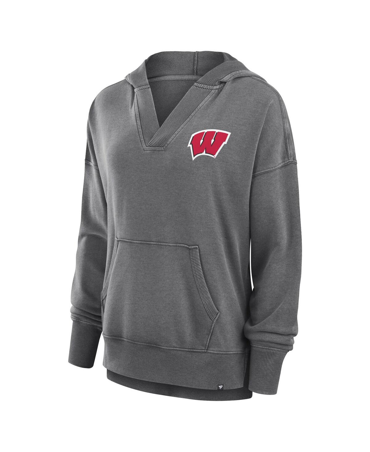 Fanatics Women's Heather Gray Wisconsin Badgers Initiative Snow Wash French Terry V-neck Pullover Hoodie In Heather Gray