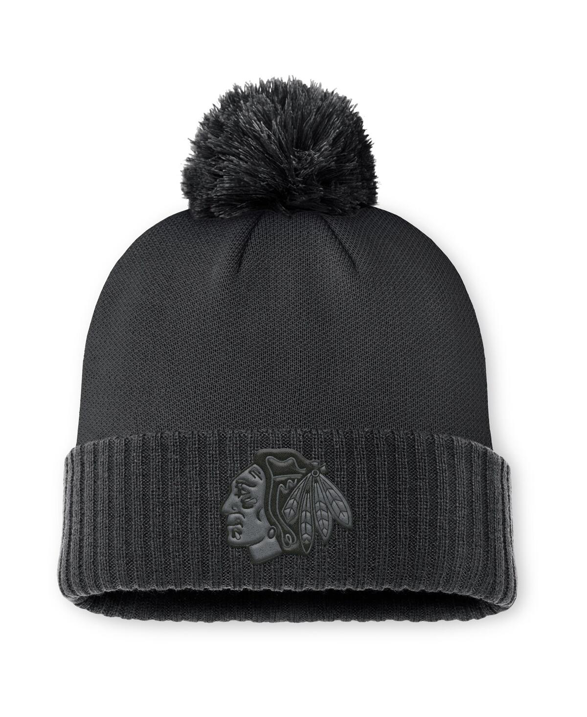 Fanatics Men's Black Chicago Blackhawks Authentic Pro Road Cuffed Knit Hat With Pom In Black