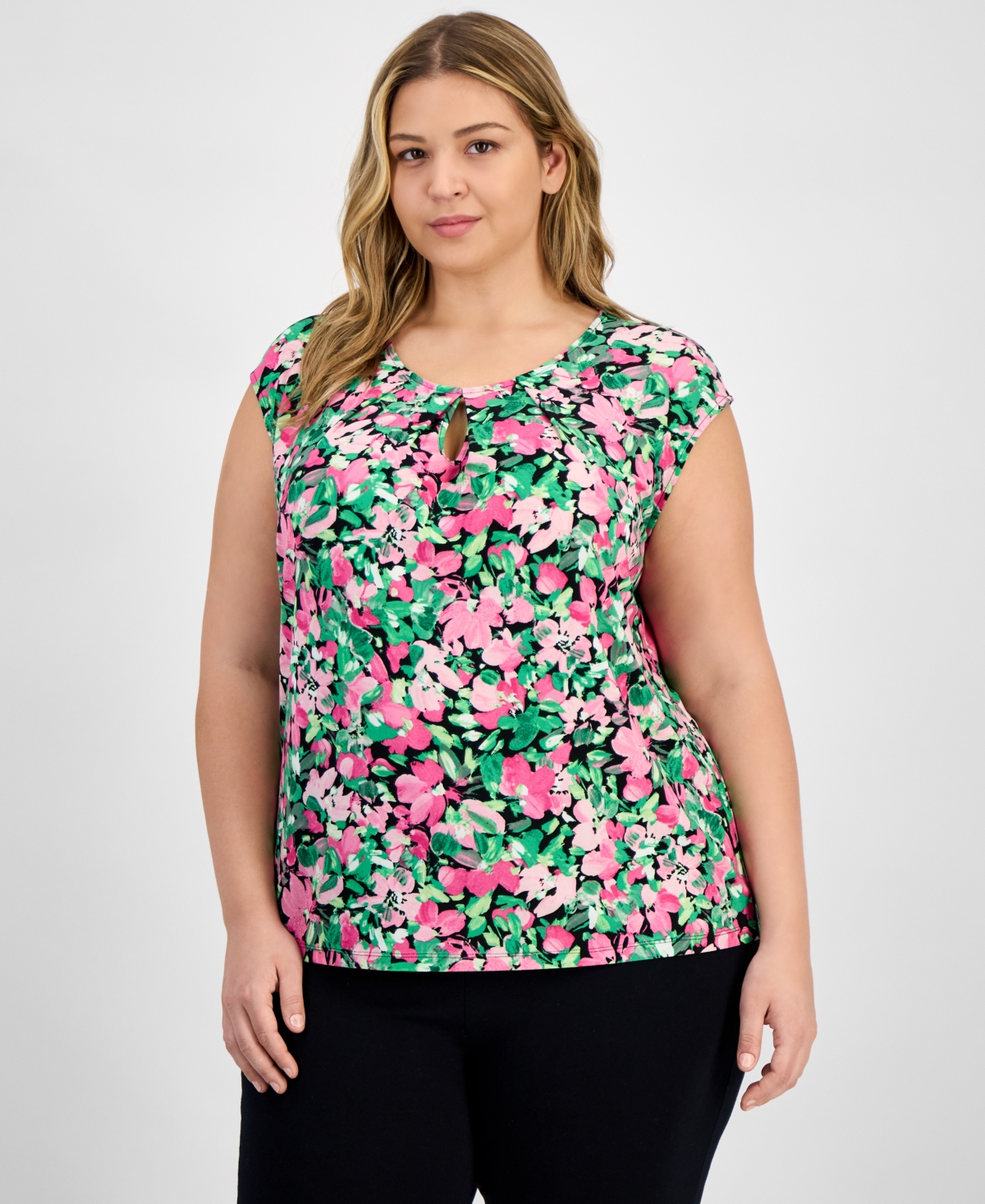 Plus Size Floral Keyhole-Neck Cap-Sleeve Top - Black Multi
