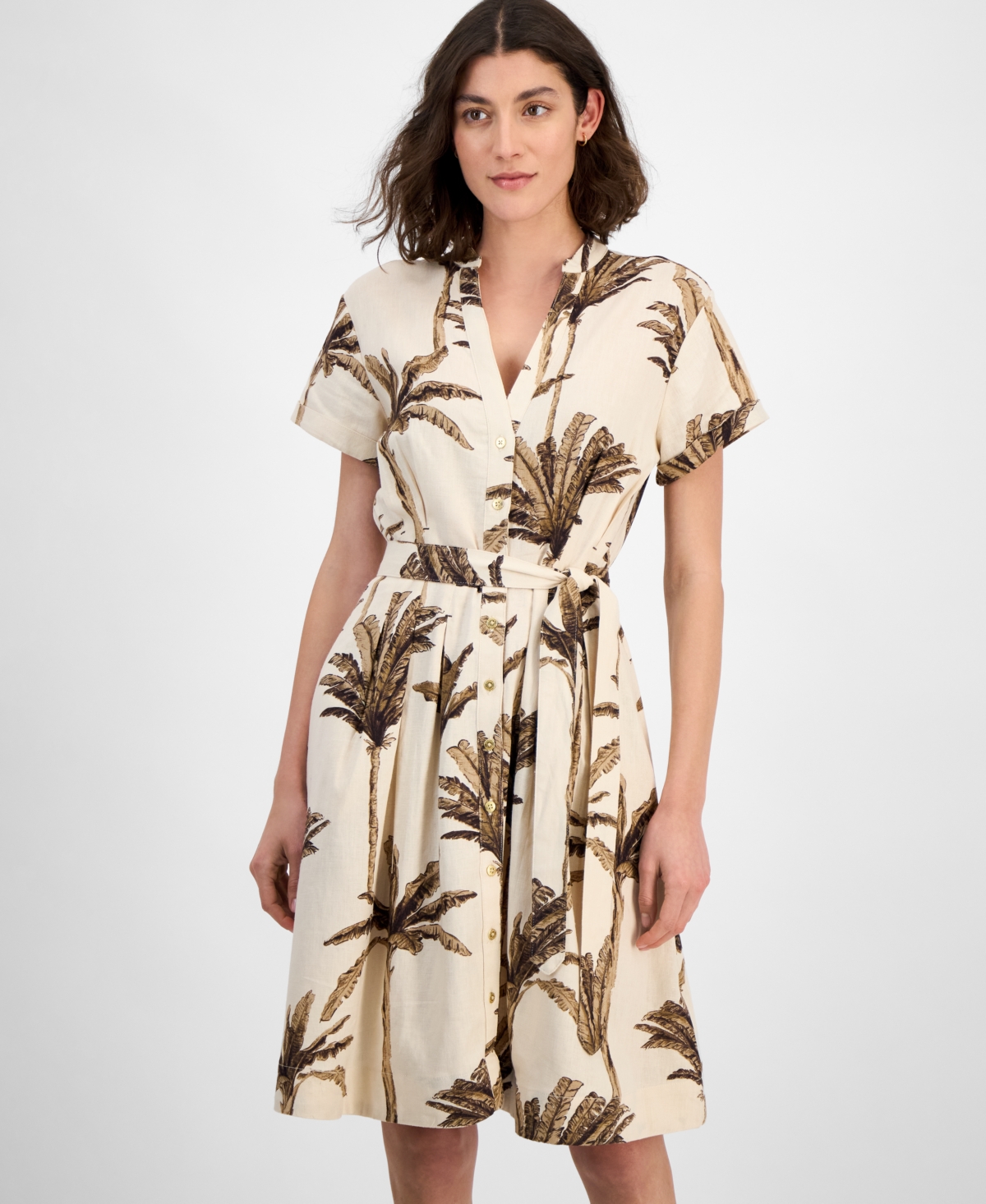Nautica Jeans Women's Palm-print Short-sleeve Shirtdress In Parchment Multi