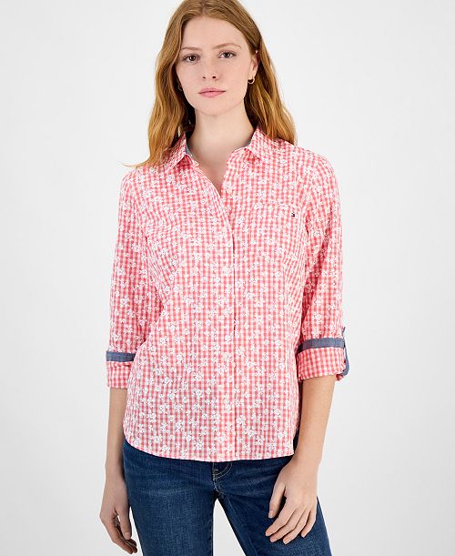 alfani Tommy Hilfiger Women's Floral Gingham Cotton Shirt Women's Fashion Shoes & Accessories