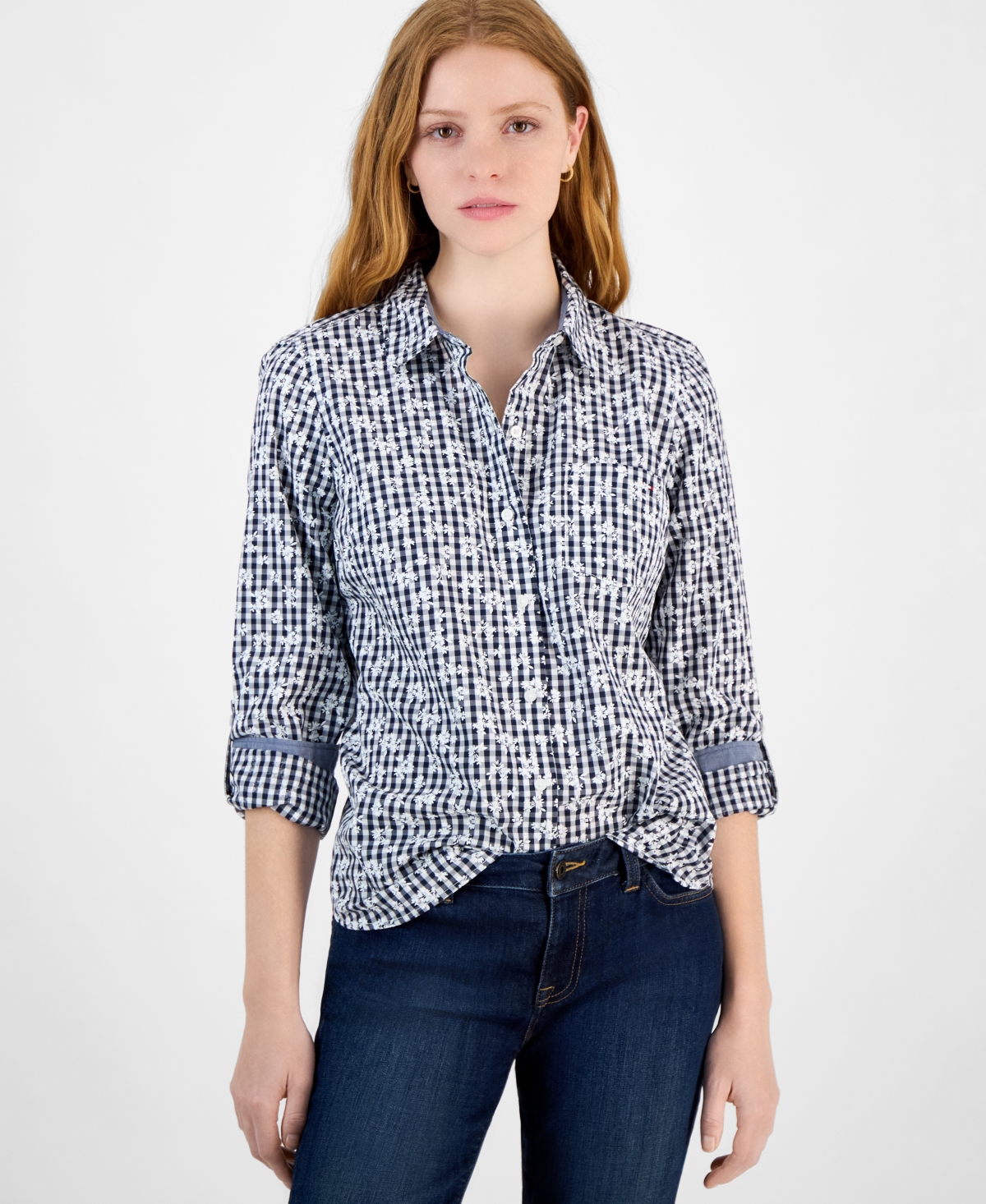 Tommy Hilfiger Women's Floral Gingham Cotton Shirt In Sky Captain,bright White