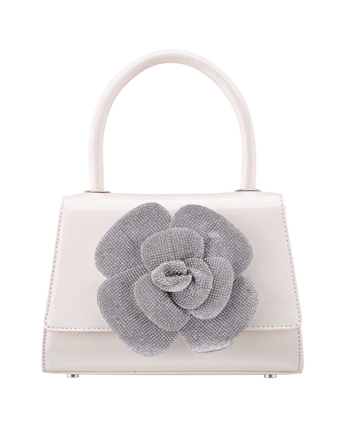 Crystal Flower Embellished Patent Satchel Bag - Pearl Rose