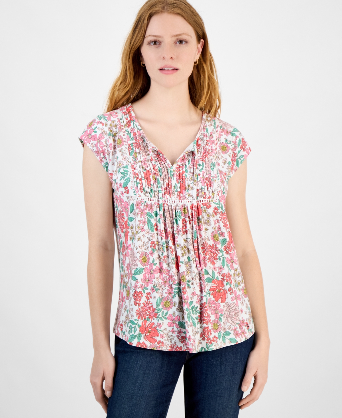 Women's Tie-Neck Pintuck-Front Top - Bright White Multi