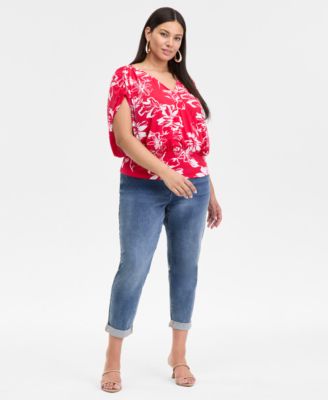 Inc International Concepts Plus Size Surplice Draped Short Sleeve Top Slim Rolled Cuff Boyfriend Jeans Exclusively At Macys