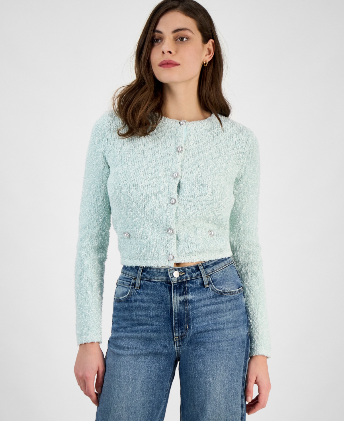 Women's Dorothy Boucle Cropped Cardigan - LIGHT BLUE/WHITE COMBO