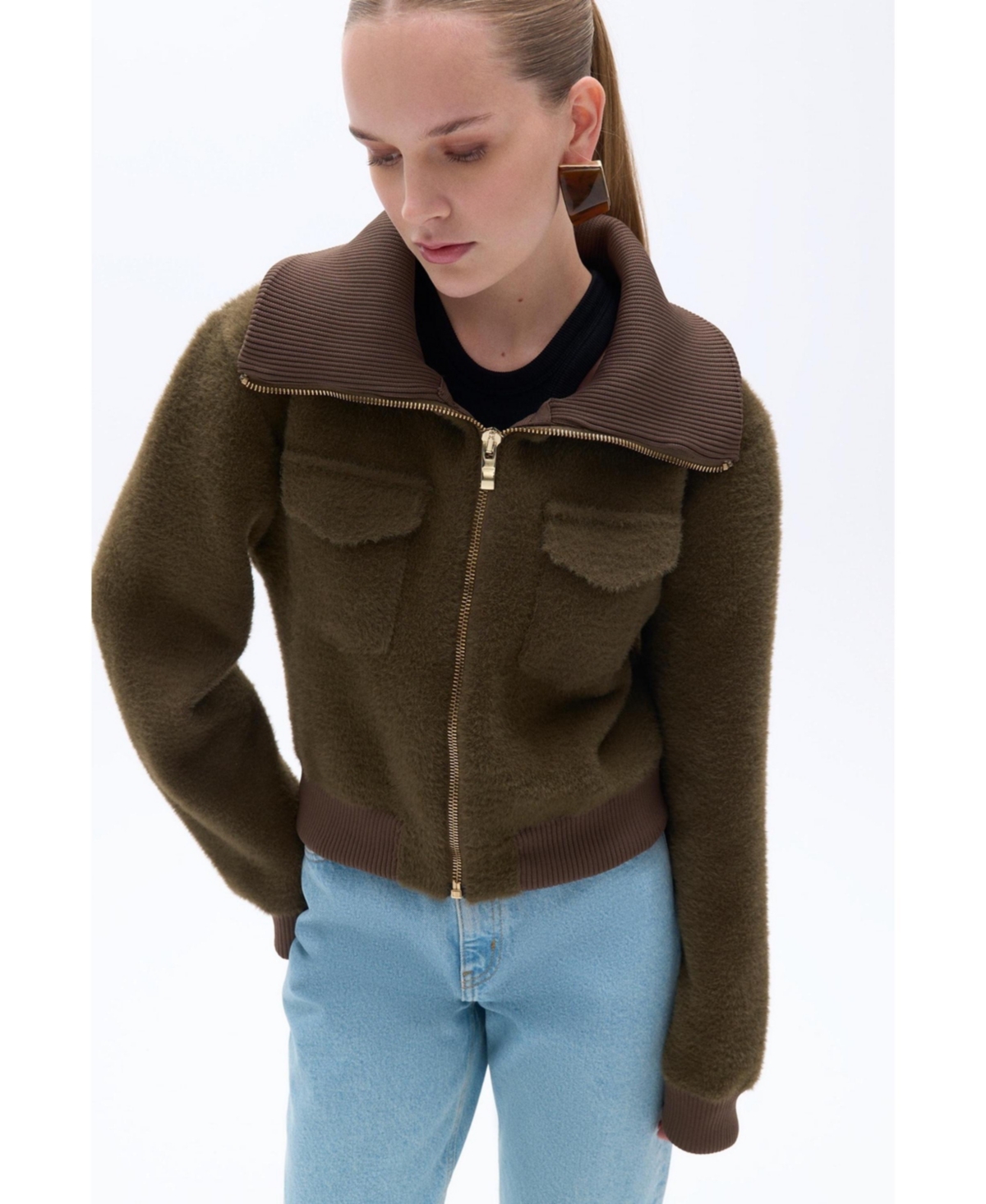 Women's Wide Collar Zipper Detailed Knitwear Cardigan - Khaki