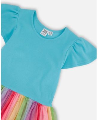 Big Girls Bi-Material Dress With Printed Mesh Skirt Multicolored