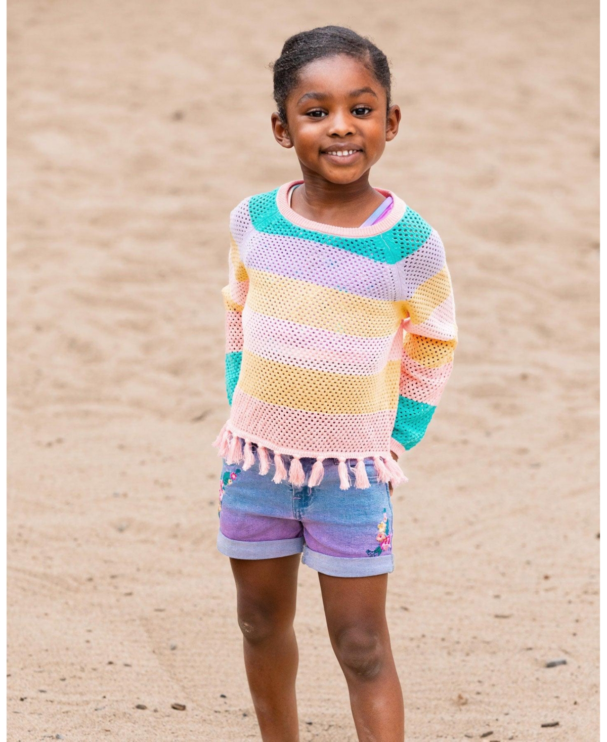 Deux par Deux Big Girls Cotton Sweater With Fringe Multicolor Stripes