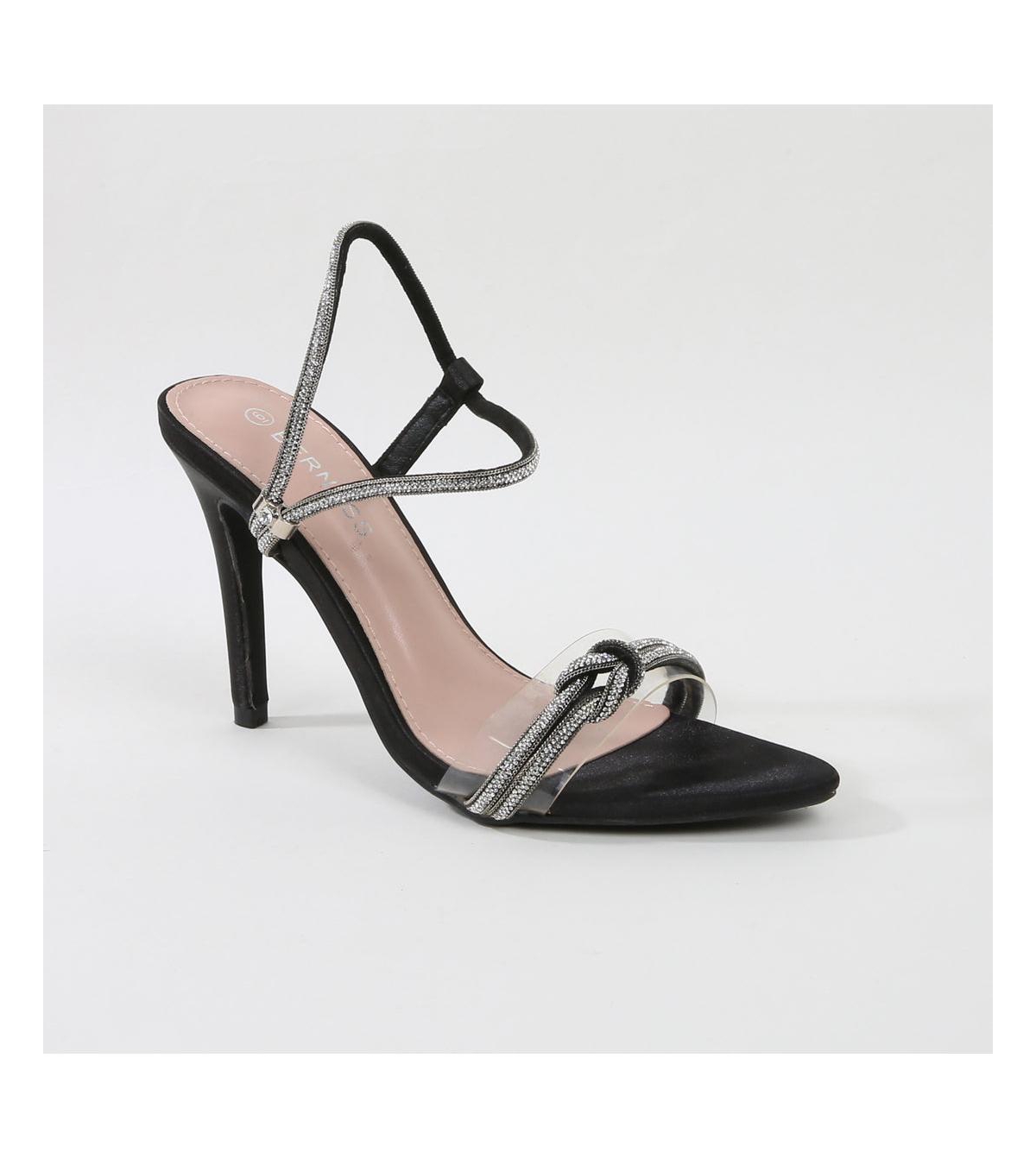 Ruby Heeled Sandal with Rhinestone Knot - Black